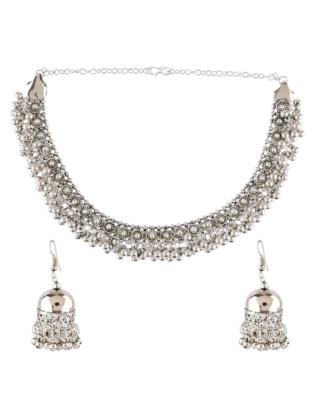 

Efulgenz Silver Toned Oxidized Rhodium-Plated Ghungharoo Metal beaded Jewellery Set