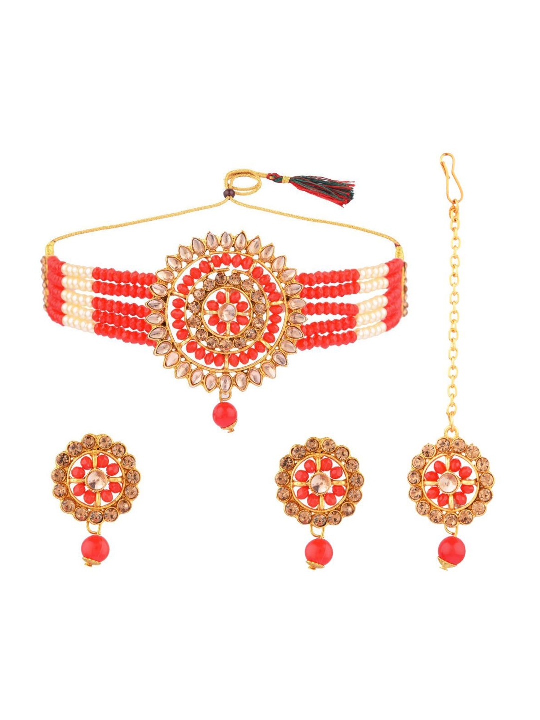 

Efulgenz Red Gold-Plated Crystals Studded & Beaded Jewellery Set