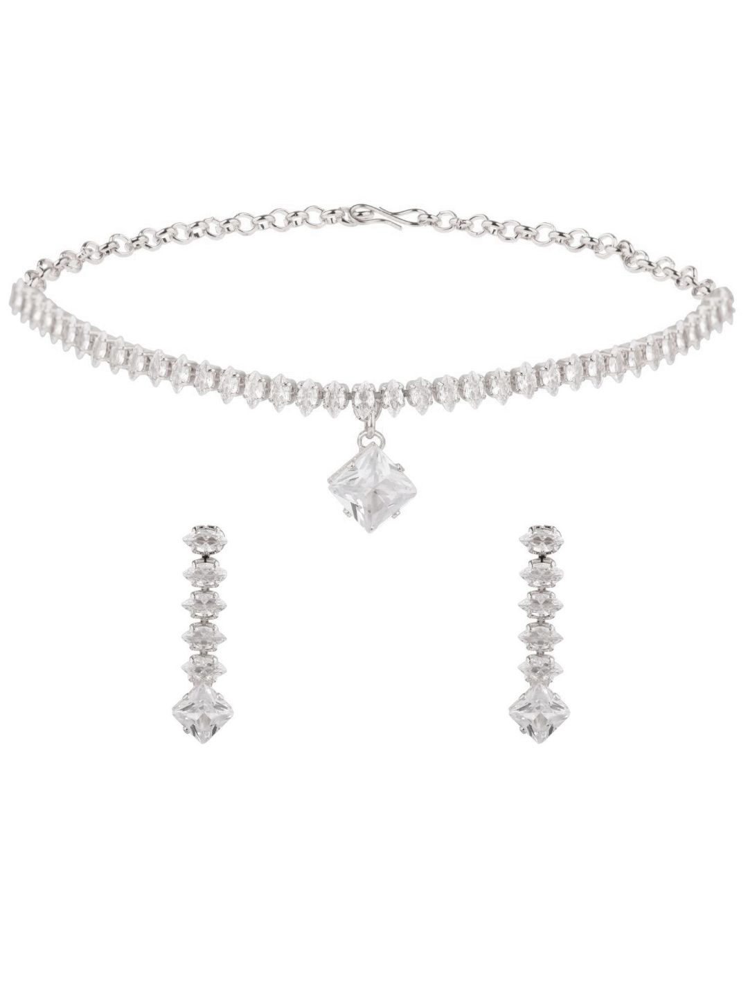 

Efulgenz Silver-Toned & White Rhodium-Plated Crystal-Studded Jewellery Set