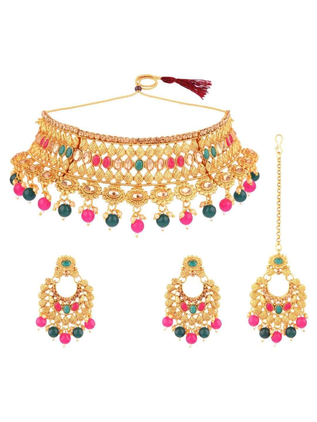 

Efulgenz Gold-Toned & Pink Crystal Studded Gold-Plated Jewellery Set