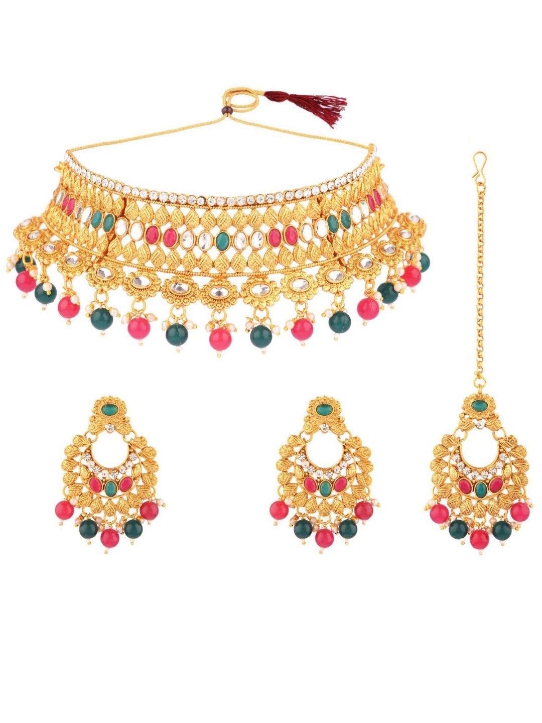 

Efulgenz Red & Green Gold-Plated Crystal Studded & Beaded Jewellery Set