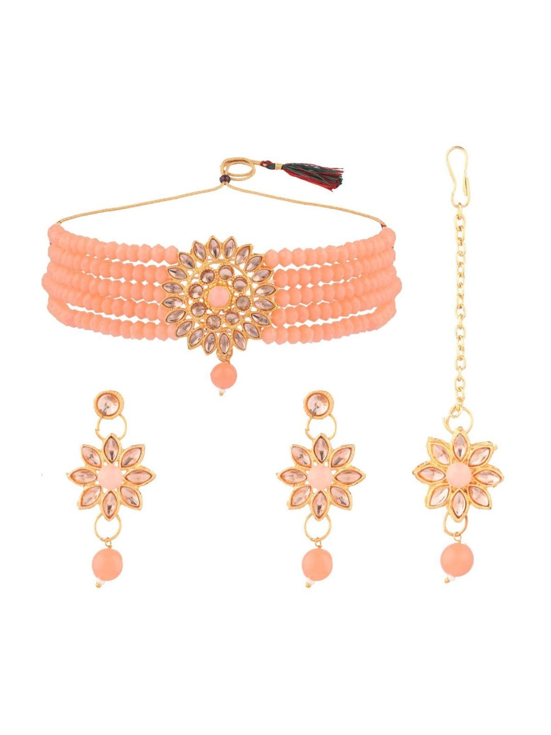 

Efulgenz Peach Coloured Gold-Plated Crystal Studded & Beaded Jewellery Set