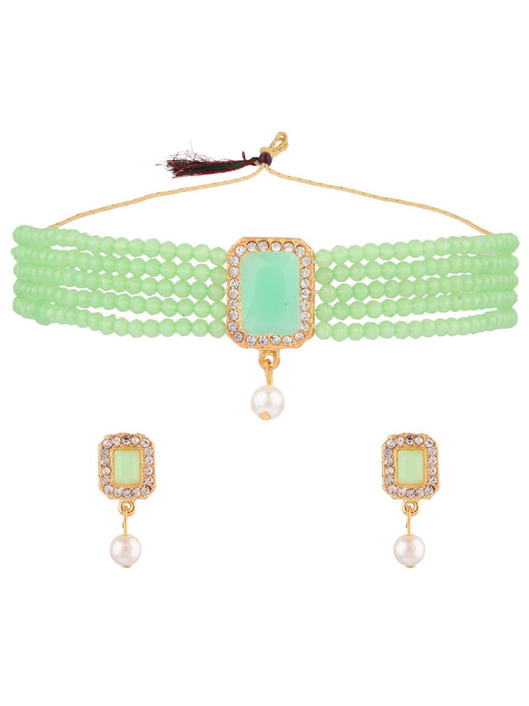 

Efulgenz White & Green Gold-Plated Crystal Studded Beaded Jewellery Set