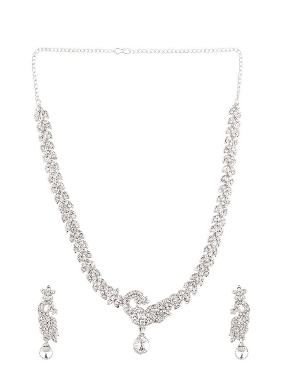 

Efulgenz Silver-Toned & White Rhodium-Plated CZ Stone-Studded Peacock Shaped Jewellery Set