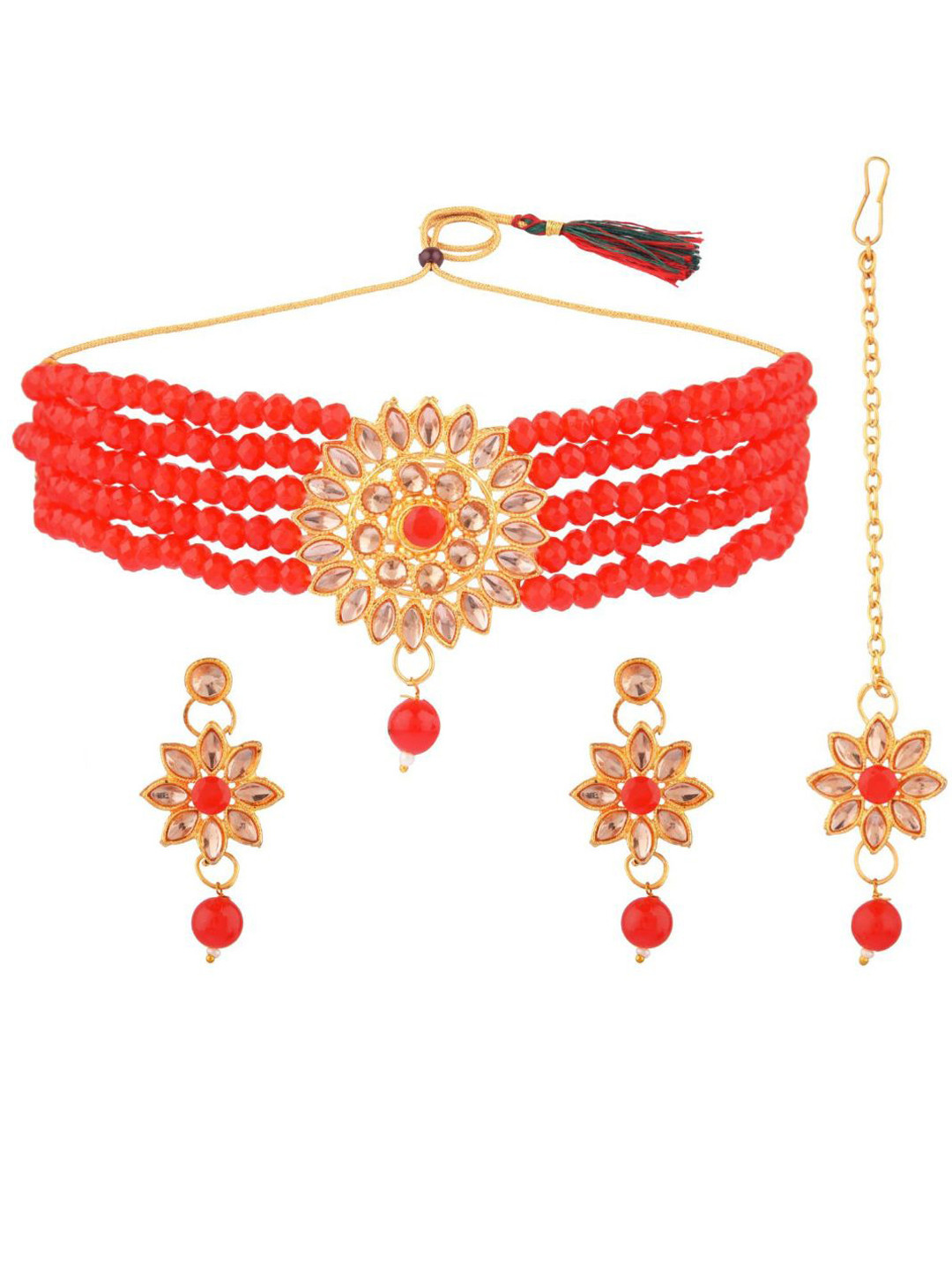 

Efulgenz Gold-Plated Red Crystal Studded & Beaded Jewellery Set