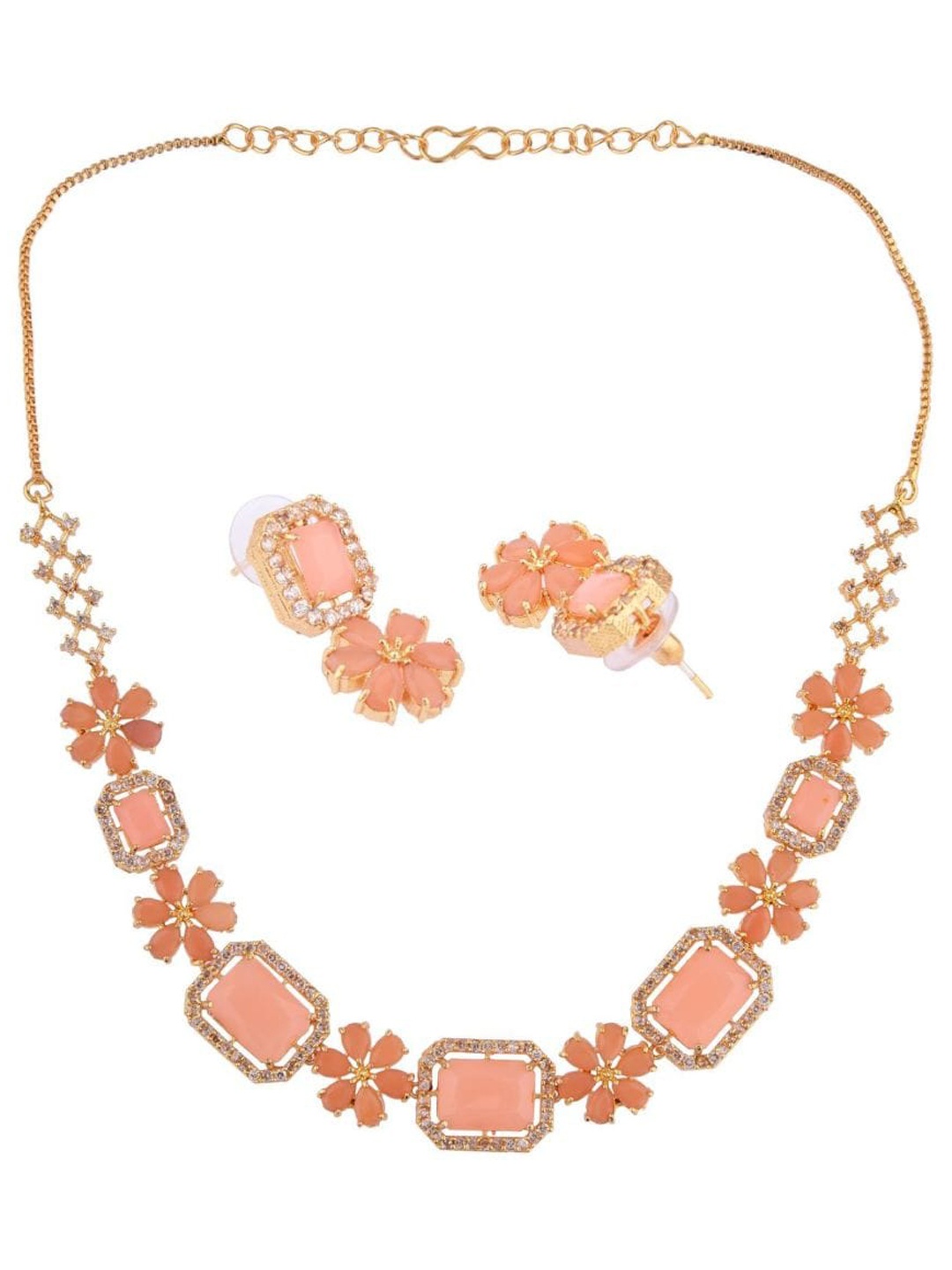 

Efulgenz Gold-Plated Peach Coloured & White Crystal Studded Jewellery Set