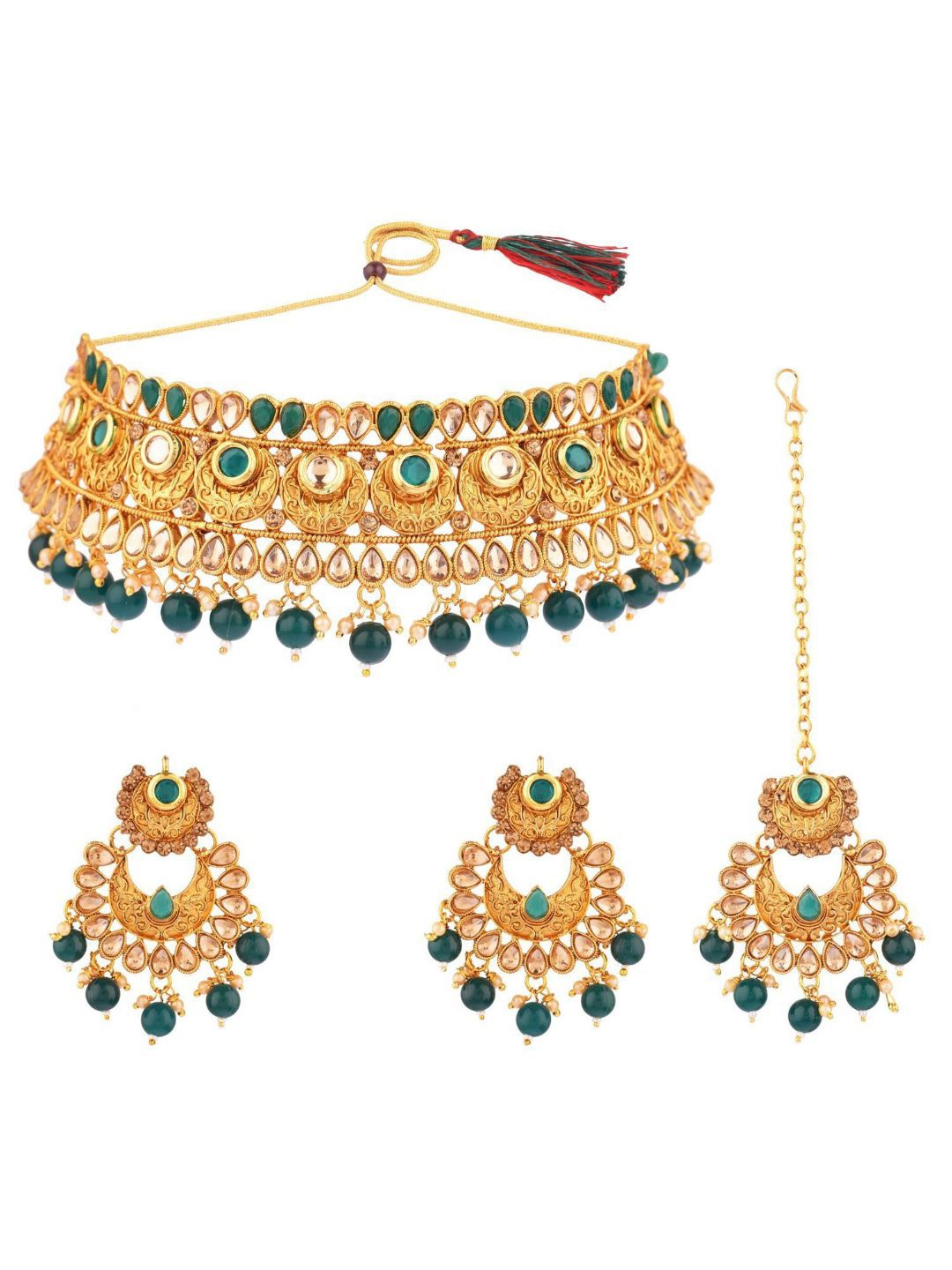

Efulgenz Gold-Plated Green & White Crystals Studded & Beaded Jewellery Set