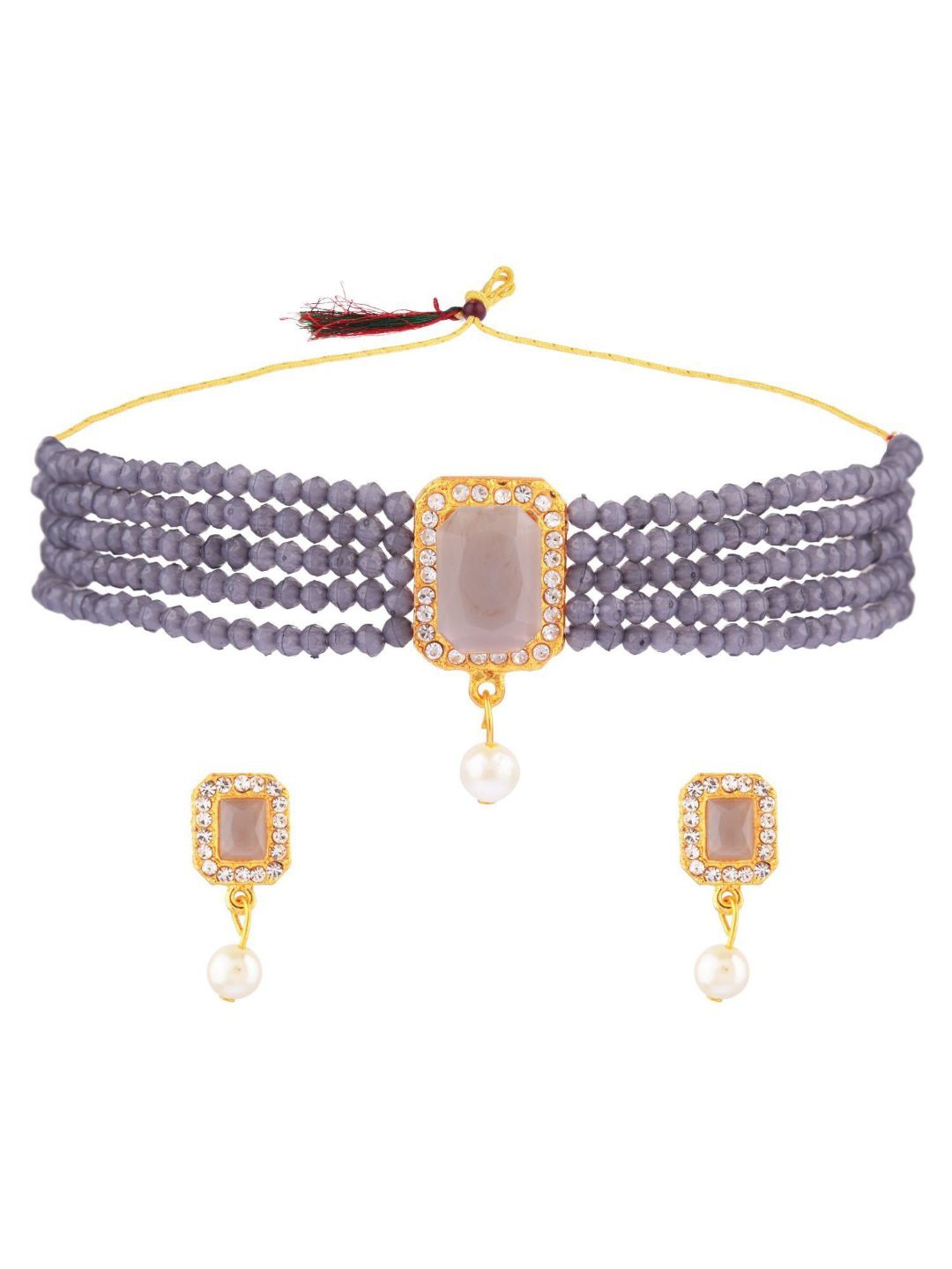 

Efulgenz Grey & White Crystal Studded & Beaded Gold-Plated Jewellery Set