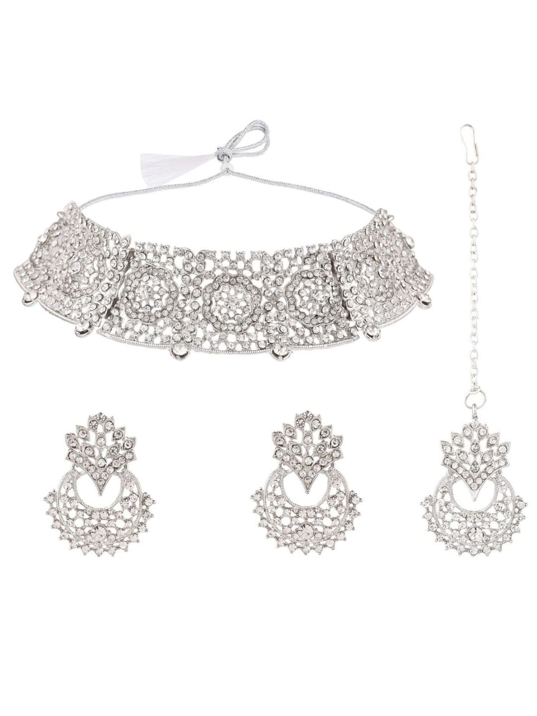 

Efulgenz Silver-Toned & White Crystal Studded Rhodium-Plated Jewellery Set