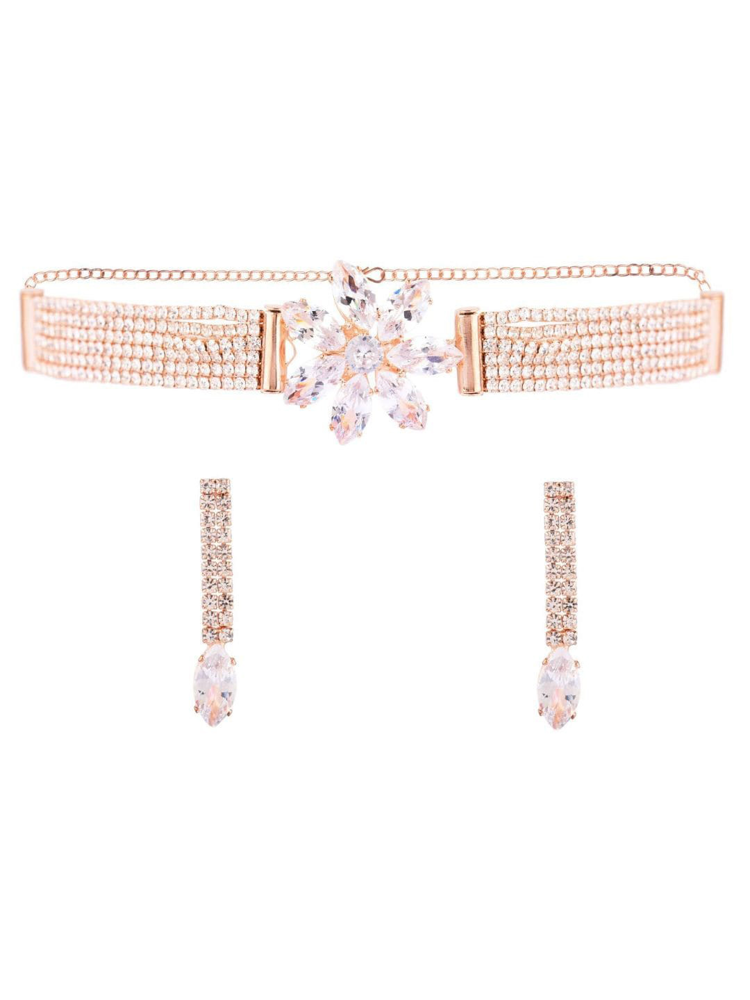 

Efulgenz Rose Gold-Toned & White CZ Stone-Studded Gold-Plated Jewellery Set