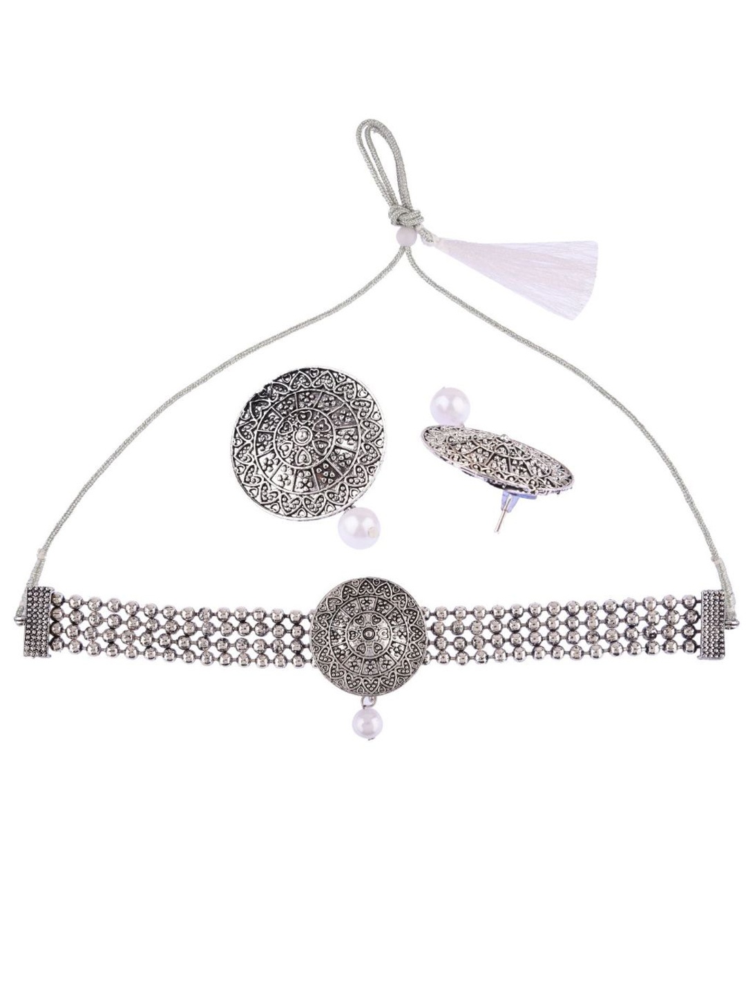 

Efulgenz Silver-Toned Stone-Studded & Beaded Oxidized Rhodium-Plated Jewellery Set