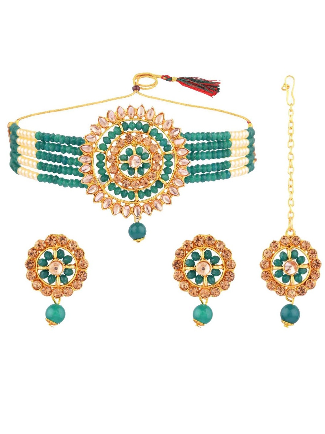 

Efulgenz Gold-Toned & Green Crystal Studded & Beaded Gold-Plated Jewellery Set