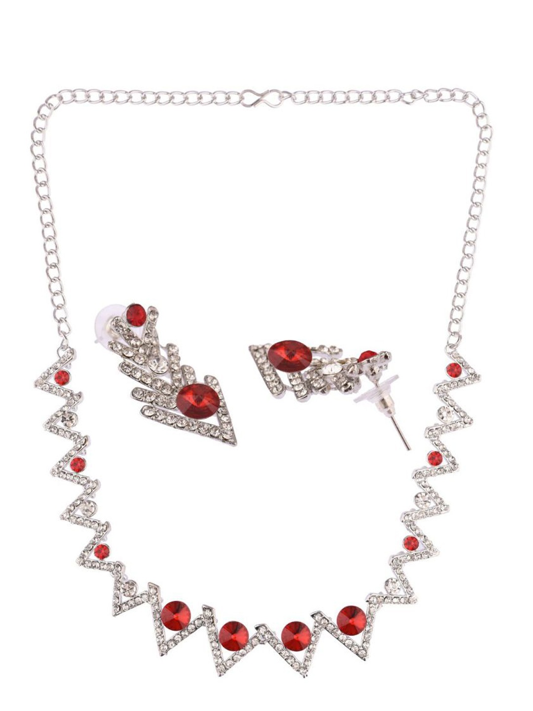 

Efulgenz Silver-Toned & Red Crystal-Studded Rhodium-Plated Jewellery Set