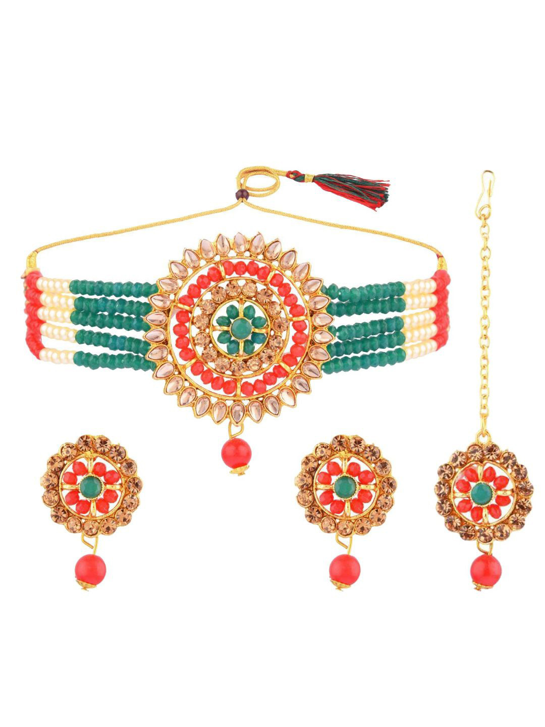 

Efulgenz Gold-Toned & Red Crystal-Studded & Pearls Beaded Gold-Plated Jewellery Set