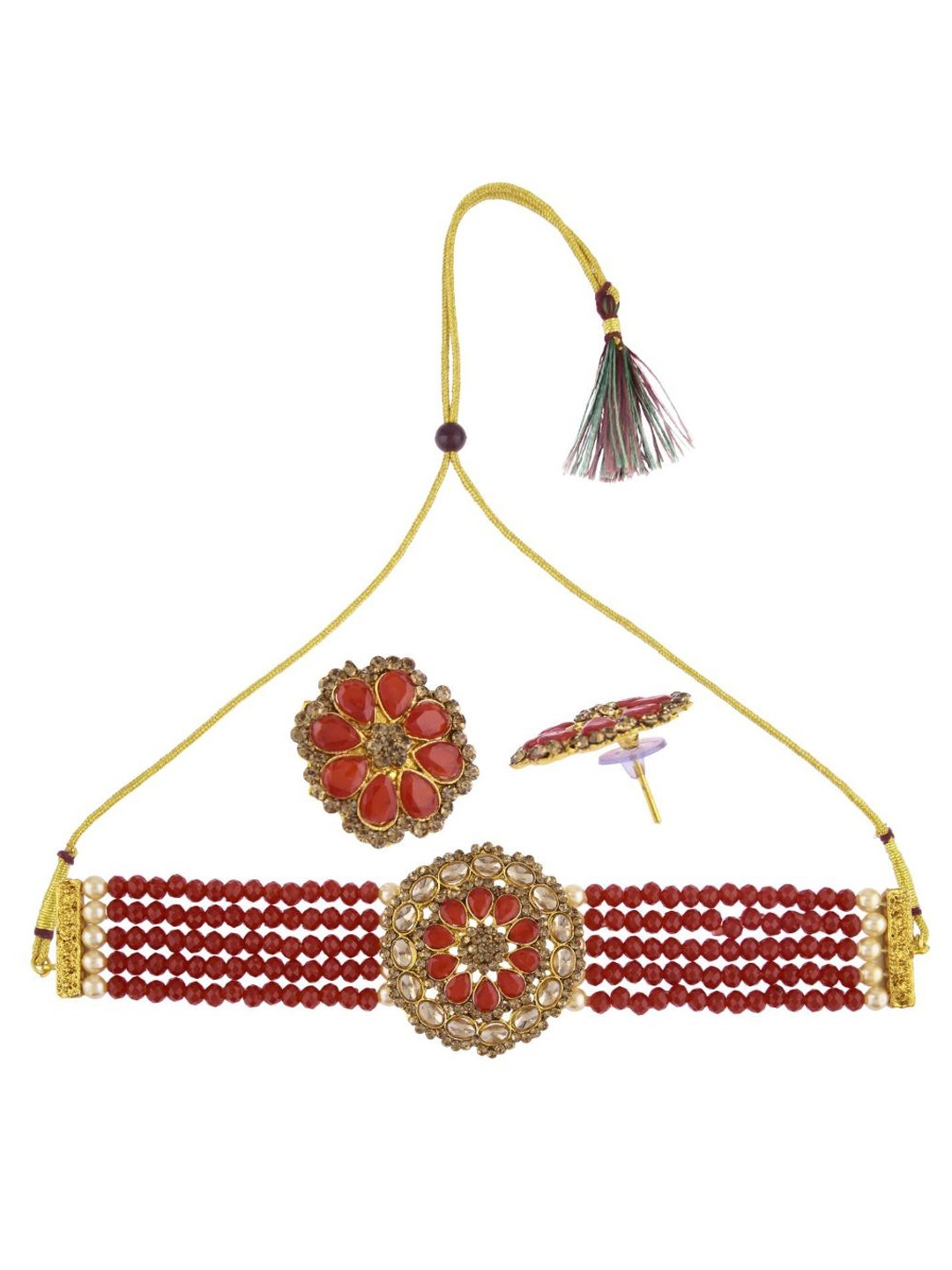 

Efulgenz Gold-Toned & Maroon Crystal Studded Gold-Plated Jewellery Set