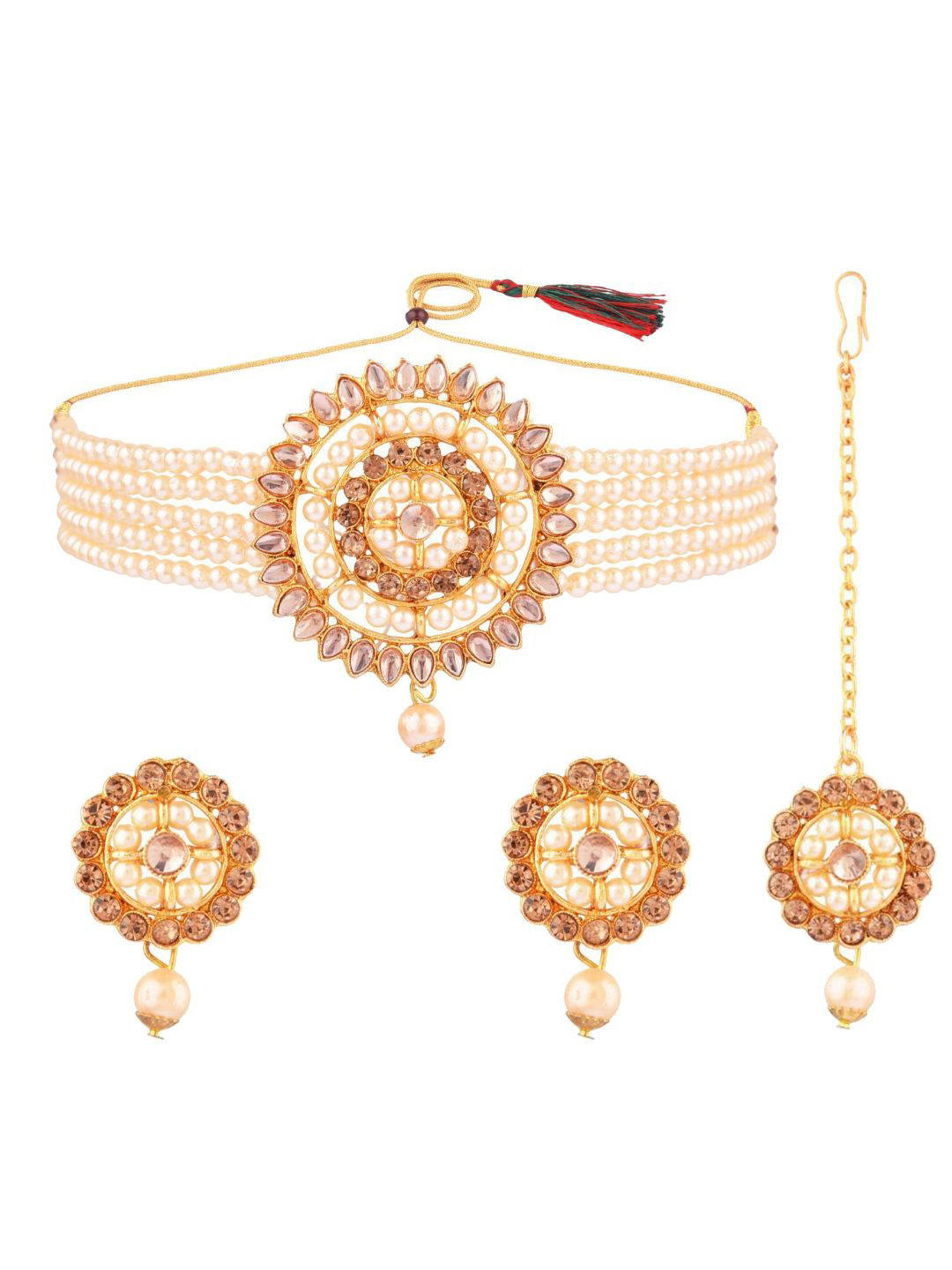 

Efulgenz Crystal Studded & Beaded Gold-Plated Jewellery Set