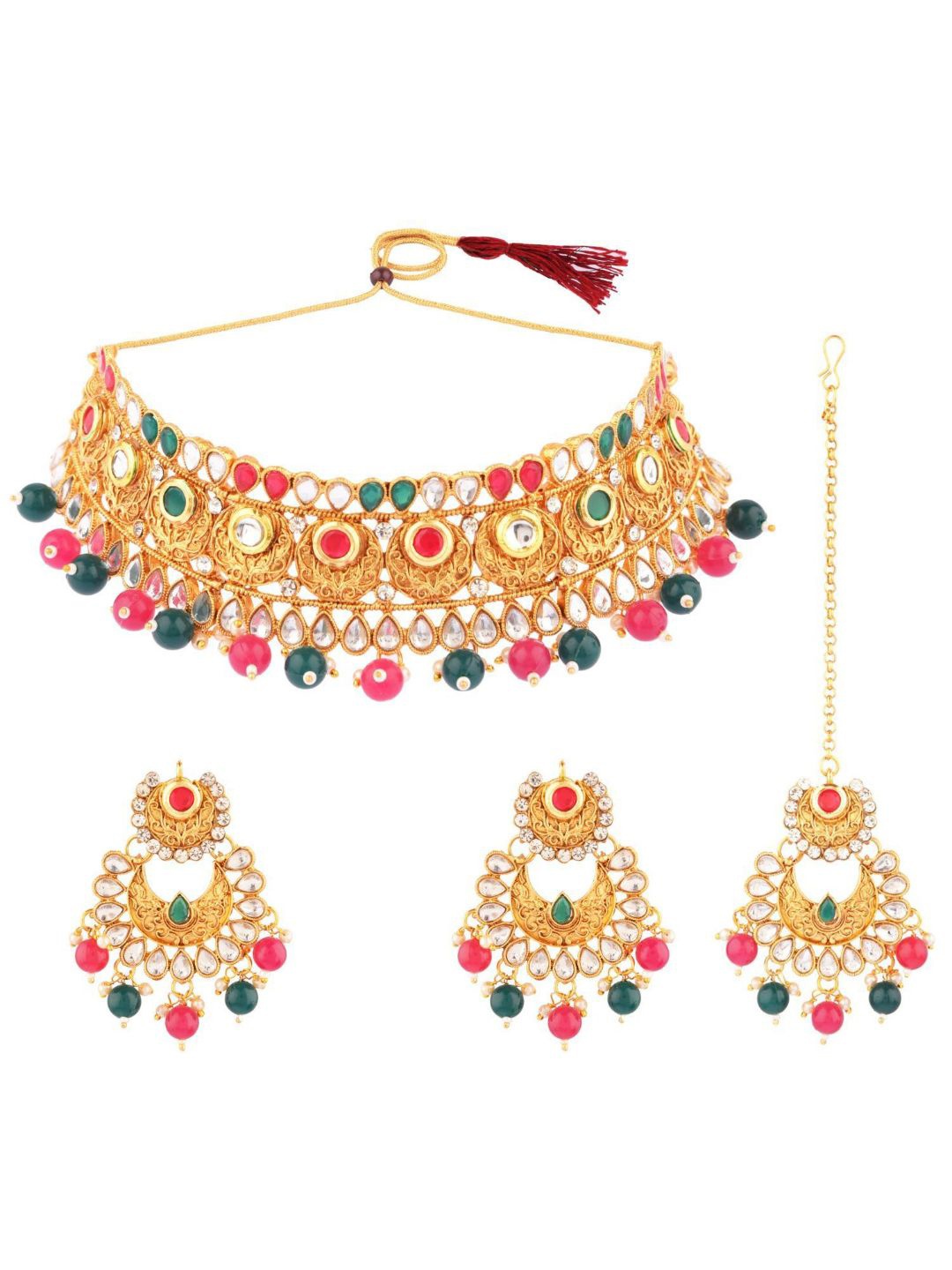 

Efulgenz Gold-Toned & Pink Crystal Studded & Beaded Gold-Plated Jewellery Set