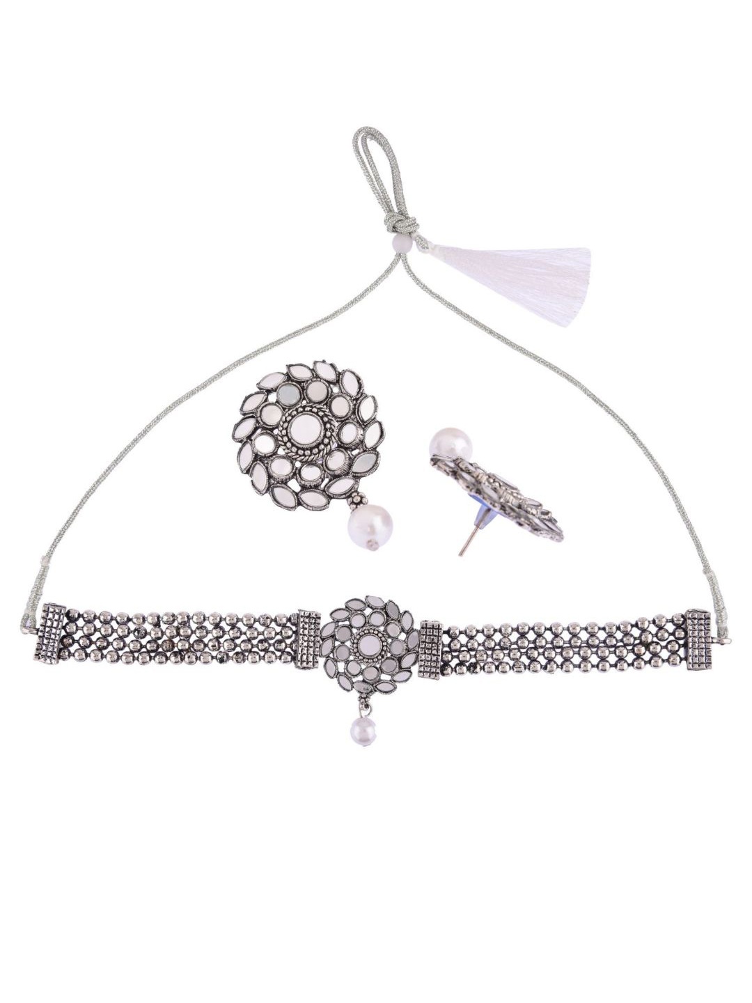 

Efulgenz Silver-Toned & White Stone-Studded Oxidized Rhodium-Plated Jewellery Set