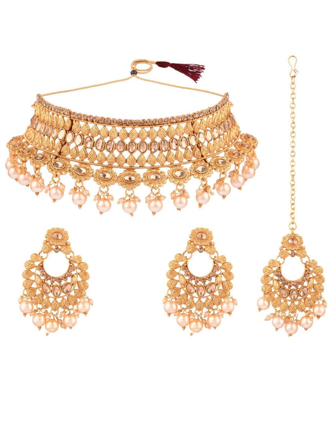 

Efulgenz Gold-Toned Crystal Studded & Beaded Gold-Plated Jewellery Set