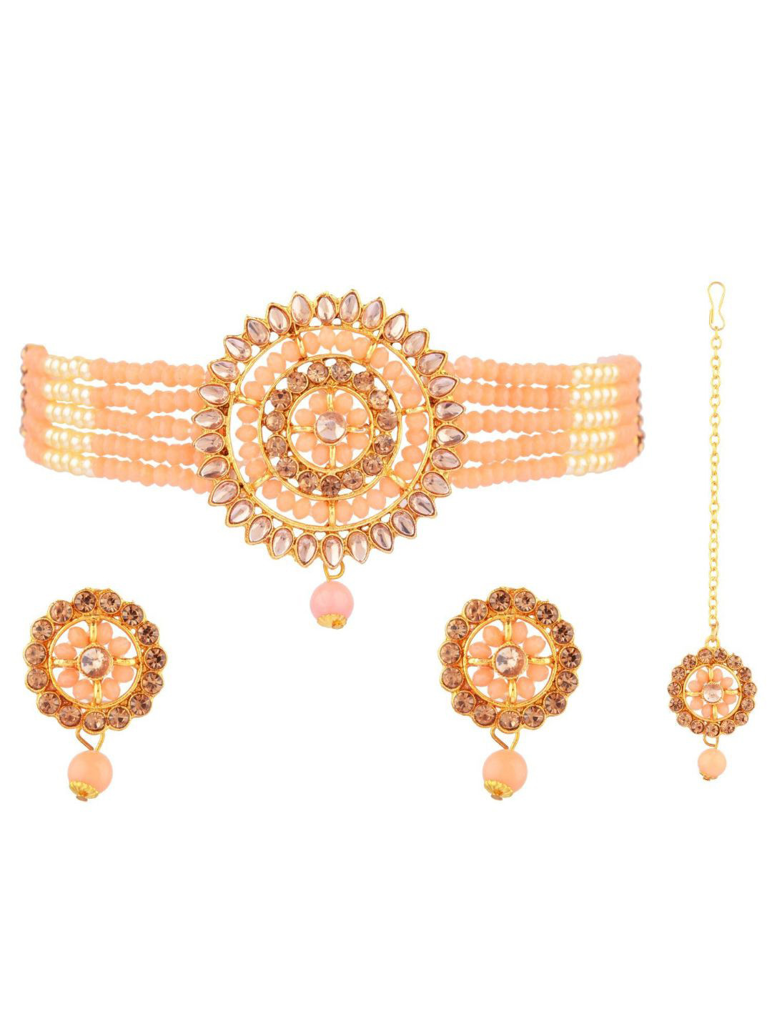 

Efulgenz Gold-Toned & Peach Crystal Studded & Beaded Gold-Plated Jewellery Set