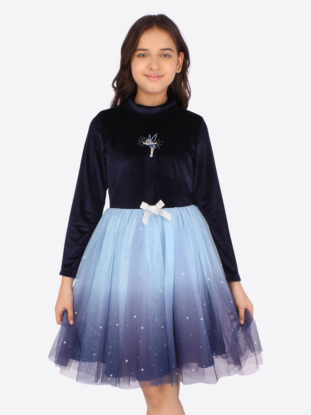 

CUTECUMBER Girls Navy Blue Tie and Dye Colourblocked Velvet Dress