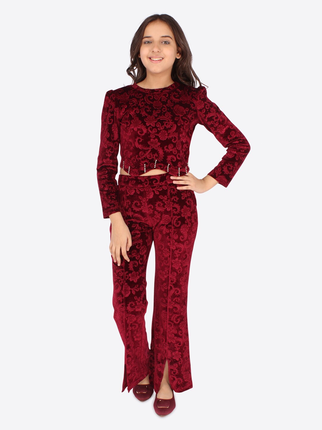 

CUTECUMBER Girls Maroon Embellished Top with Trouser Set