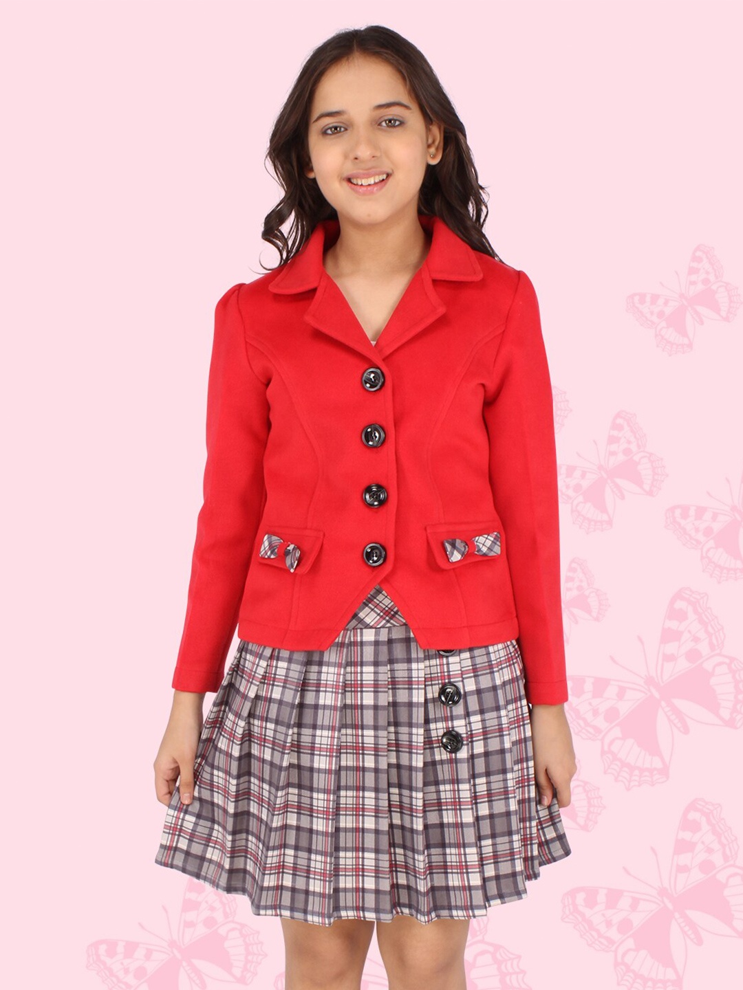 

CUTECUMBER Girls Red & Grey Coat with Skirt Set