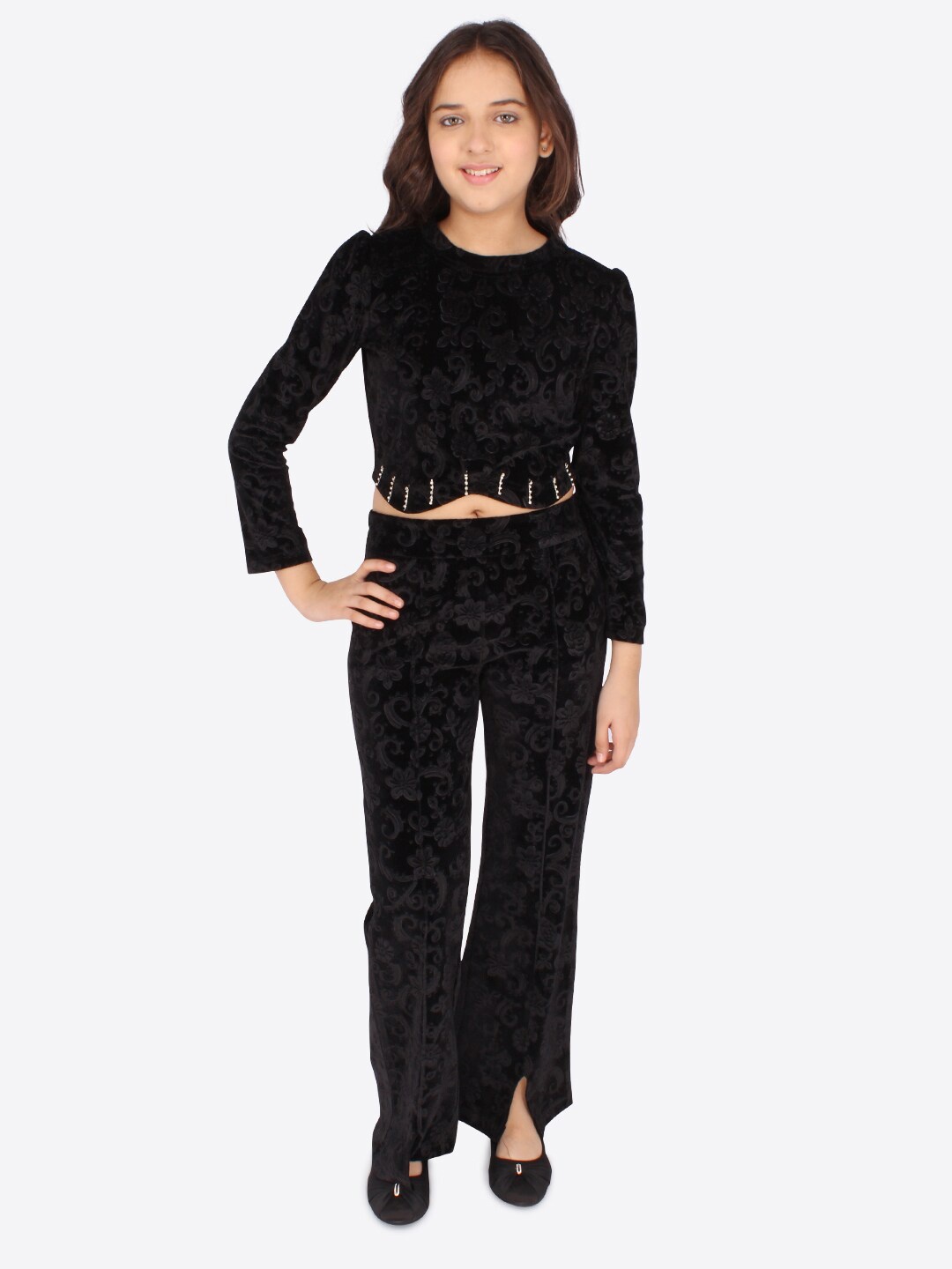 

CUTECUMBER Girls Black Embellished Top with Trouser Set