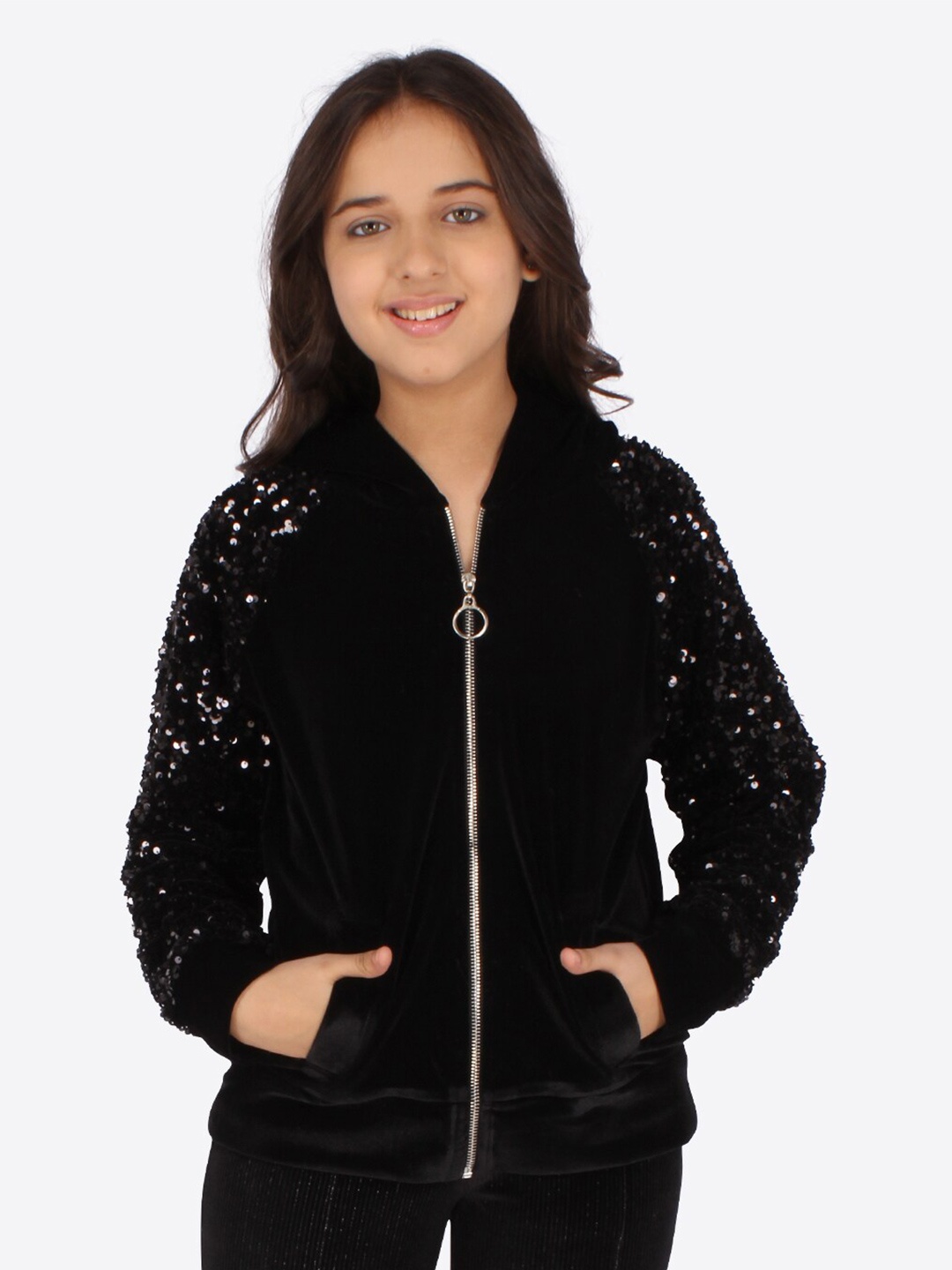 

CUTECUMBER Girls Black Sequinned Embellished Hooded Sweatshirt