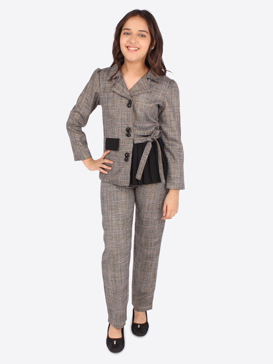 

CUTECUMBER Girls Grey & Brown Checked Coat with Trouser Set
