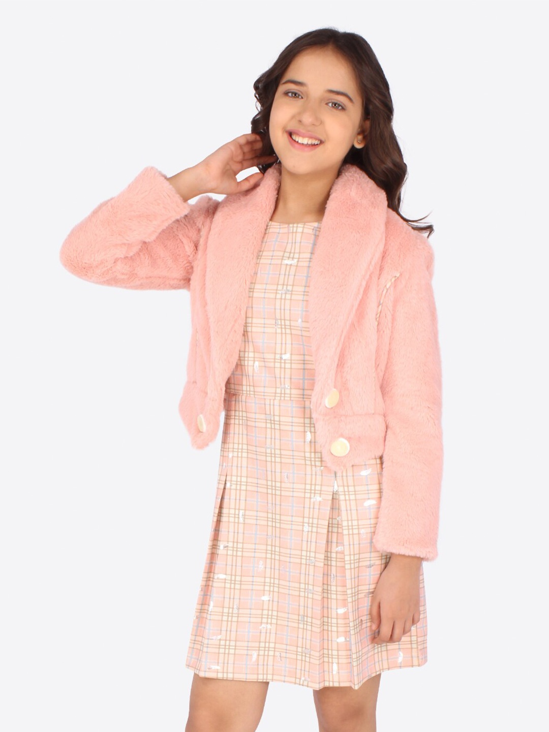 

CUTECUMBER Girls Peach Checked A-Line Dress With Shrug