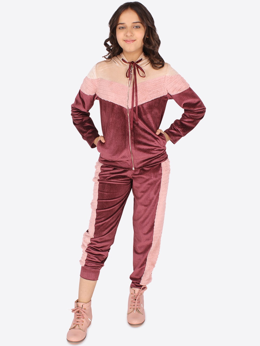 

CUTECUMBER Girls Maroon Colourblocked Tracksuit