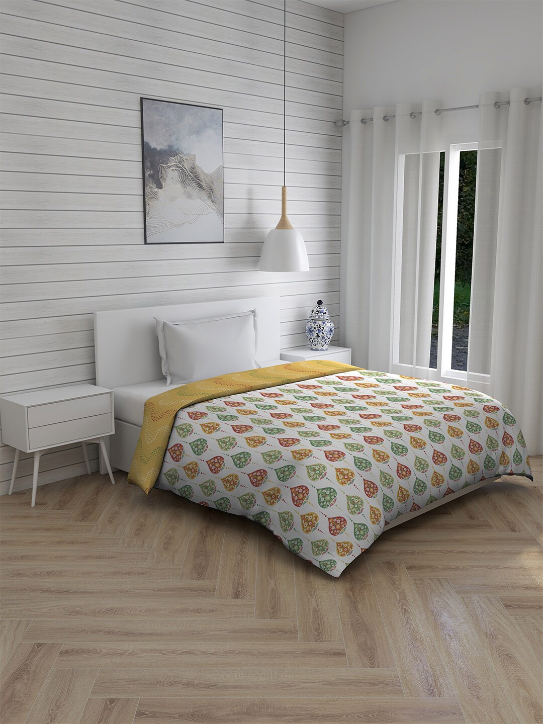 

Layers White & Yellow Ethnic Motifs Mild Winter 120 GSM Cotton Single Bed Comforter