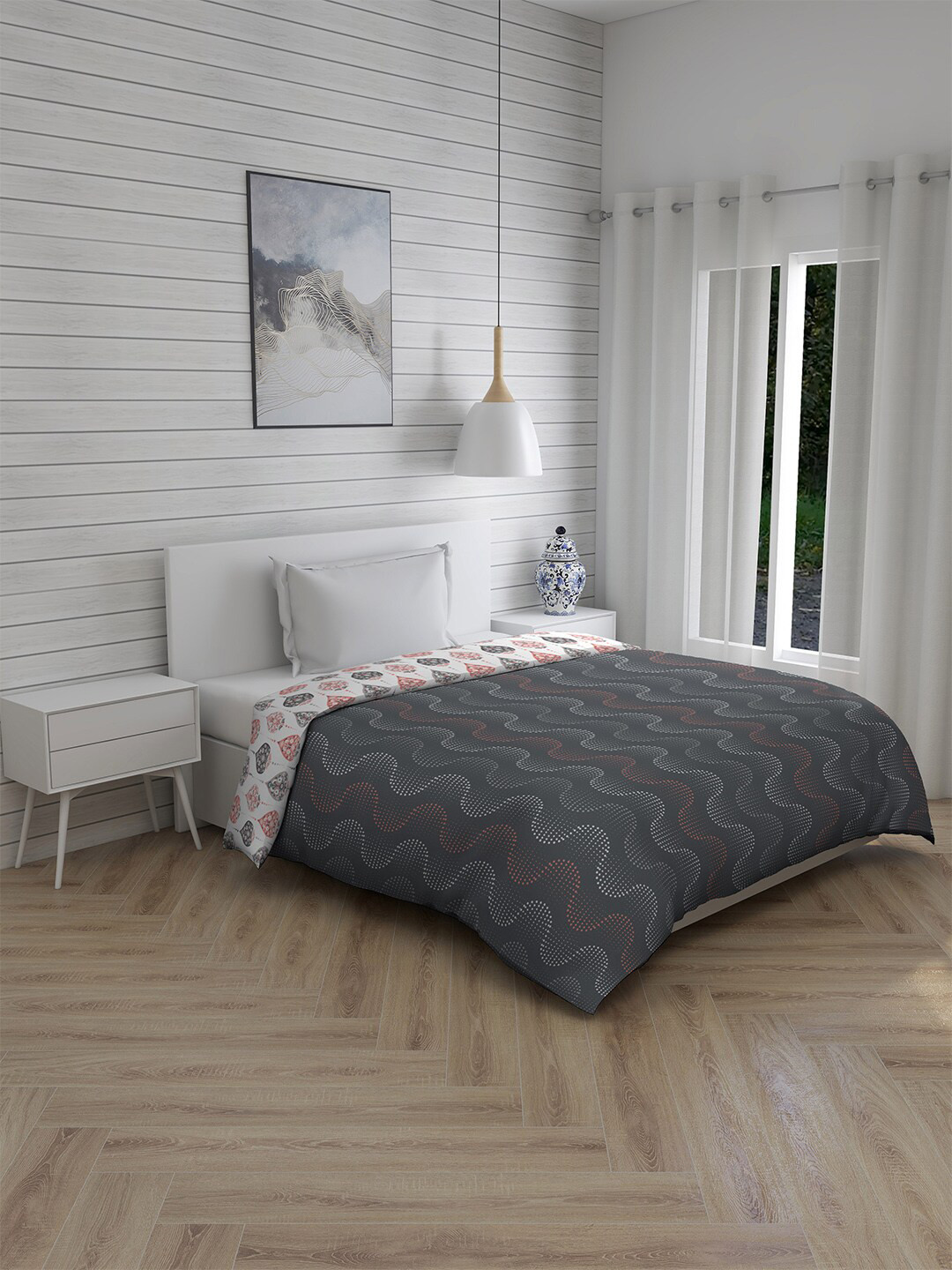 

Layers Grey & White Geometric Mild Winter 120 GSM Cotton Single Bed Comforter