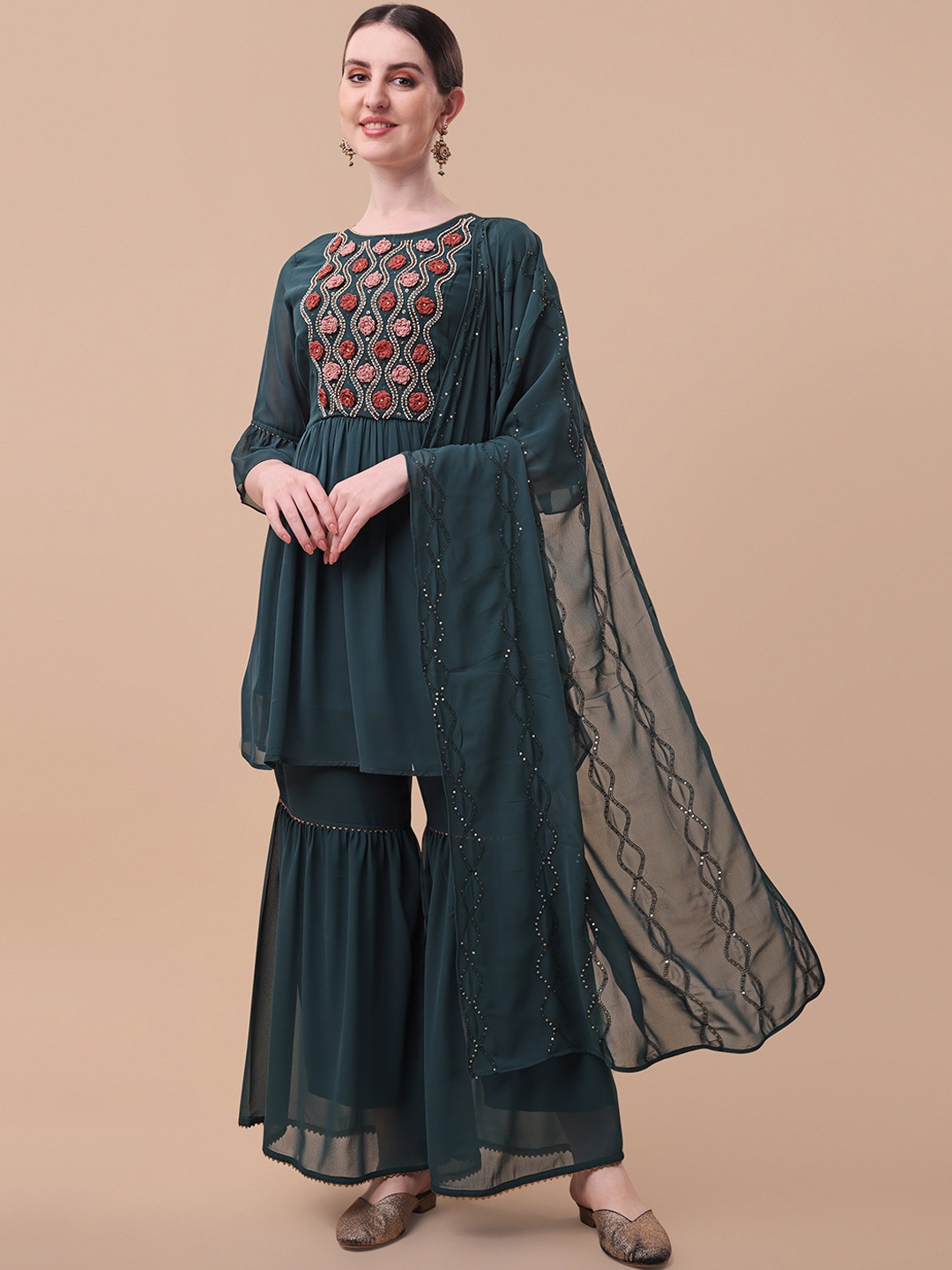 

Berrylicious Women Teal Ethnic Motifs Embroidered Kurta with Sharara & Dupatta