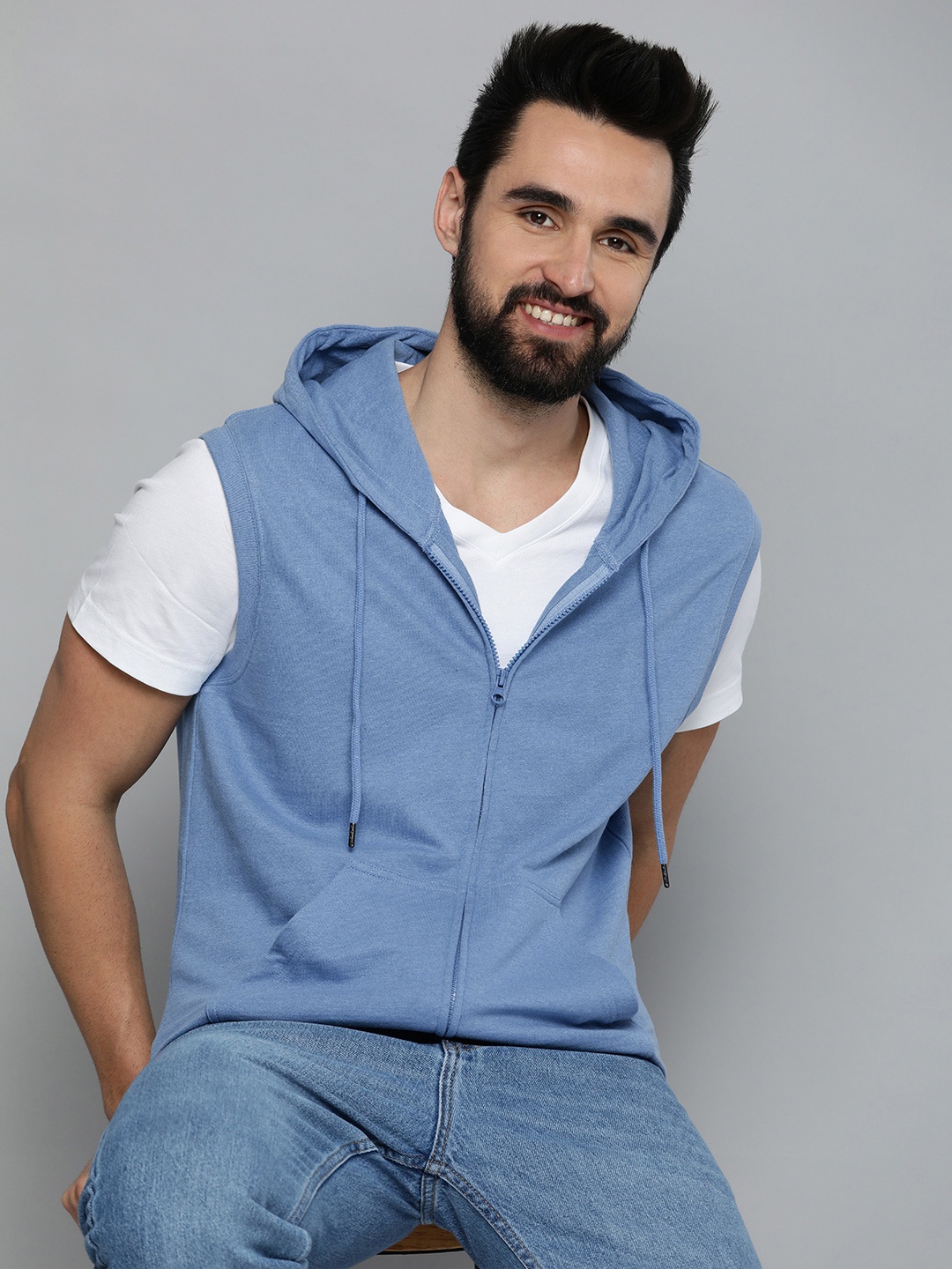 

HERE&NOW Men Blue Solid Knitted Hooded Sweatshirt
