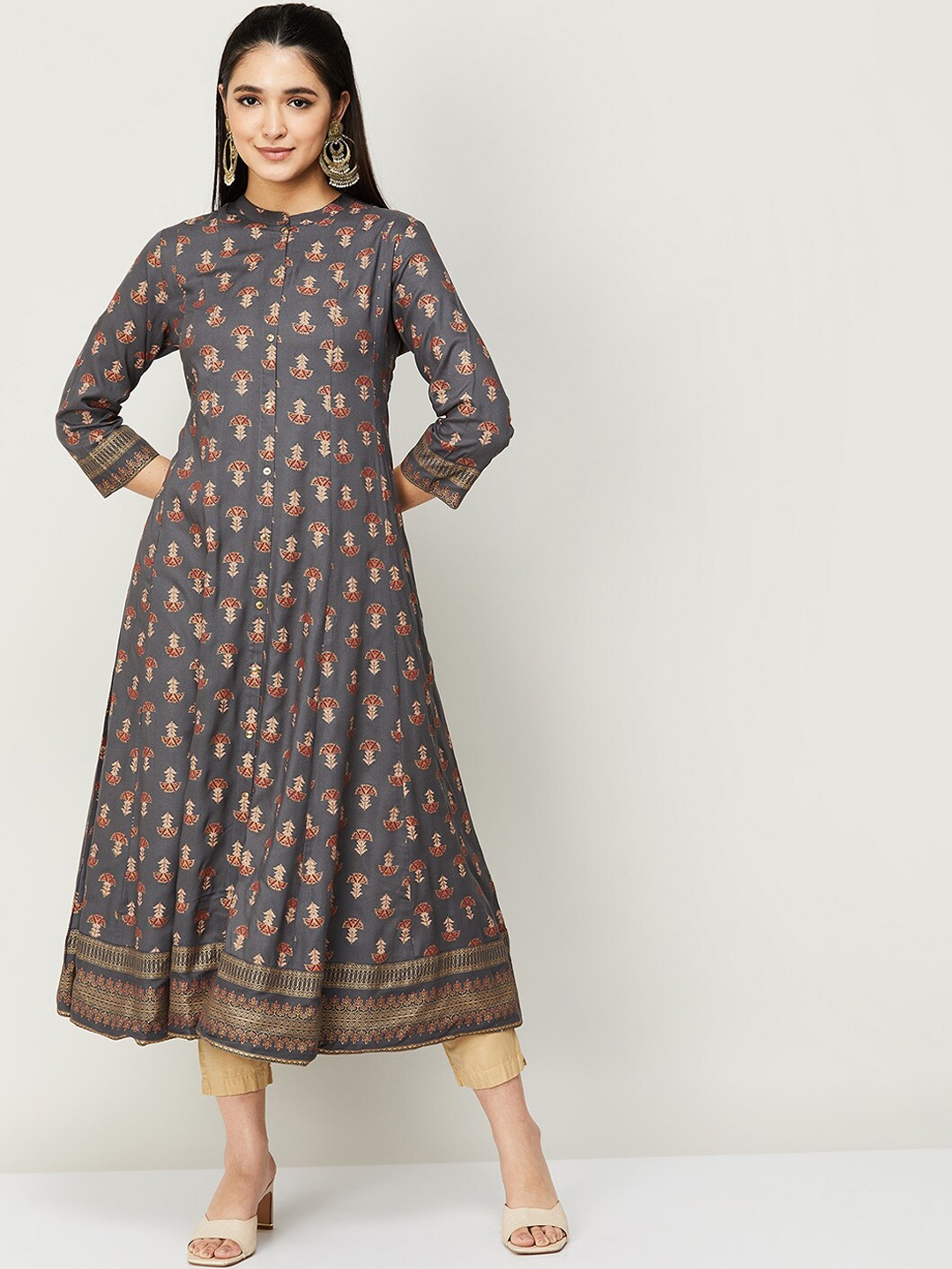 

Melange by Lifestyle Women Grey Ethnic Motifs Printed Anarkali Kurta