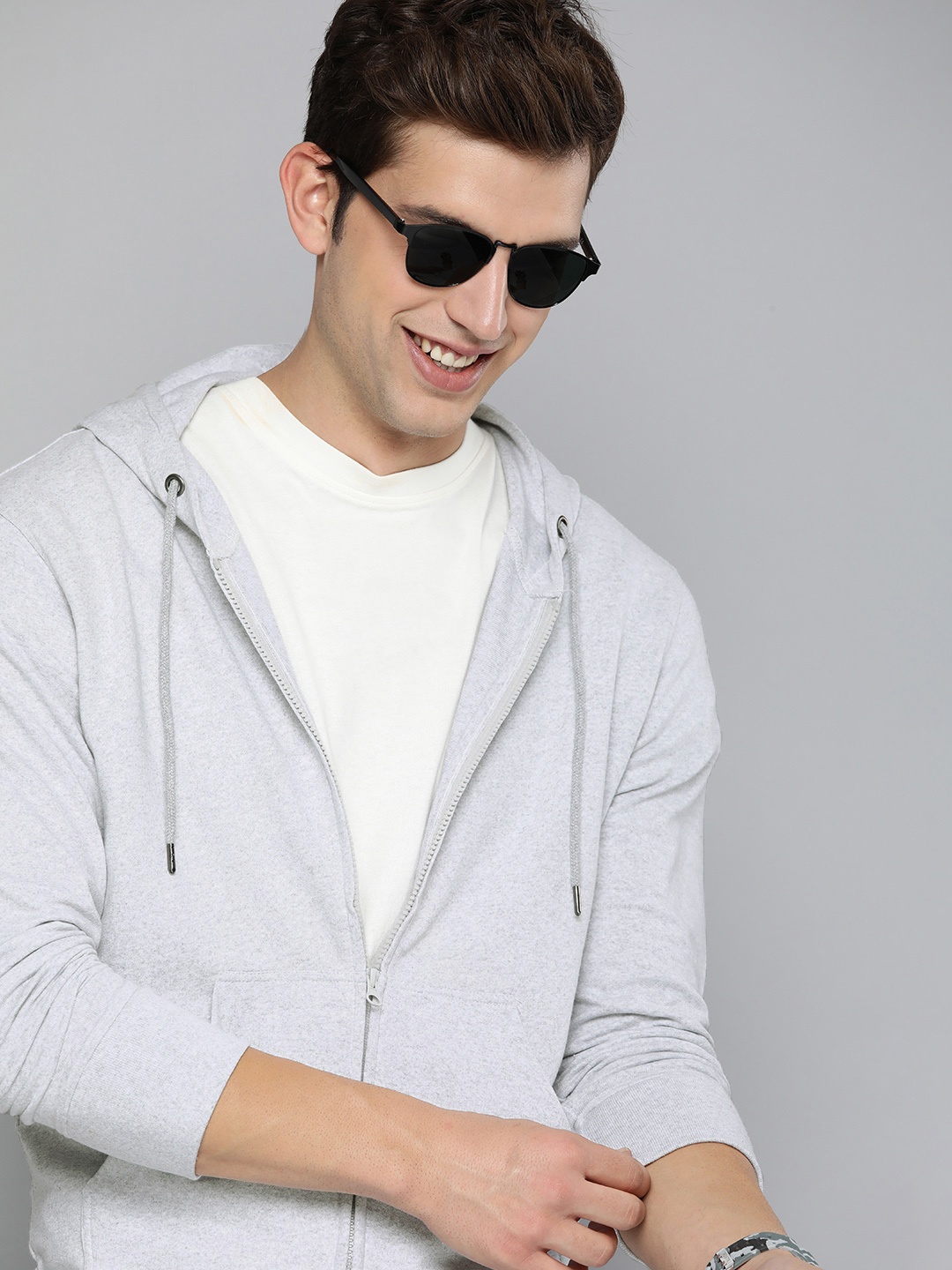 

HERE&NOW Men Grey Melange Hooded Sweatshirt