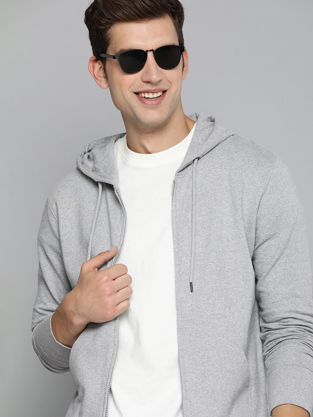 

HERE&NOW Men Grey Melange Hooded Sweatshirt