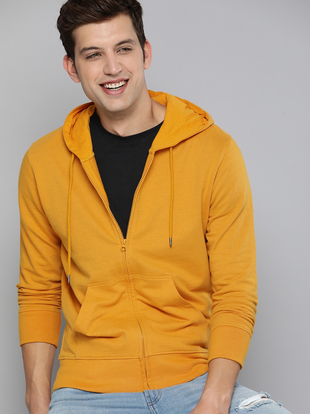 

HERE&NOW Men Mustard Yellow Hooded Sweatshirt