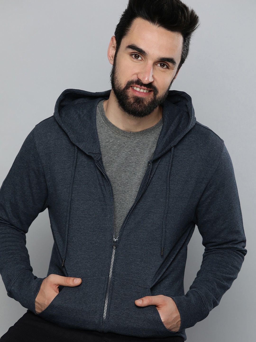 

HERE&NOW Men Blue Solid Knitted Hooded Sweatshirt