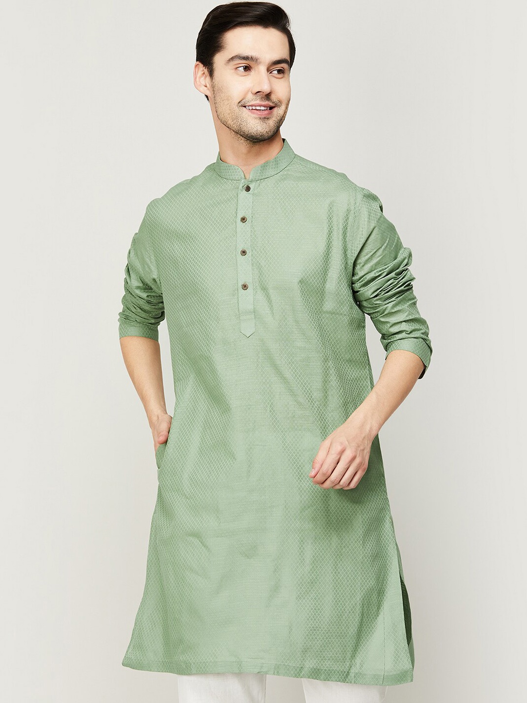 

Melange by Lifestyle Men Green Woven Design Cotton Kurta