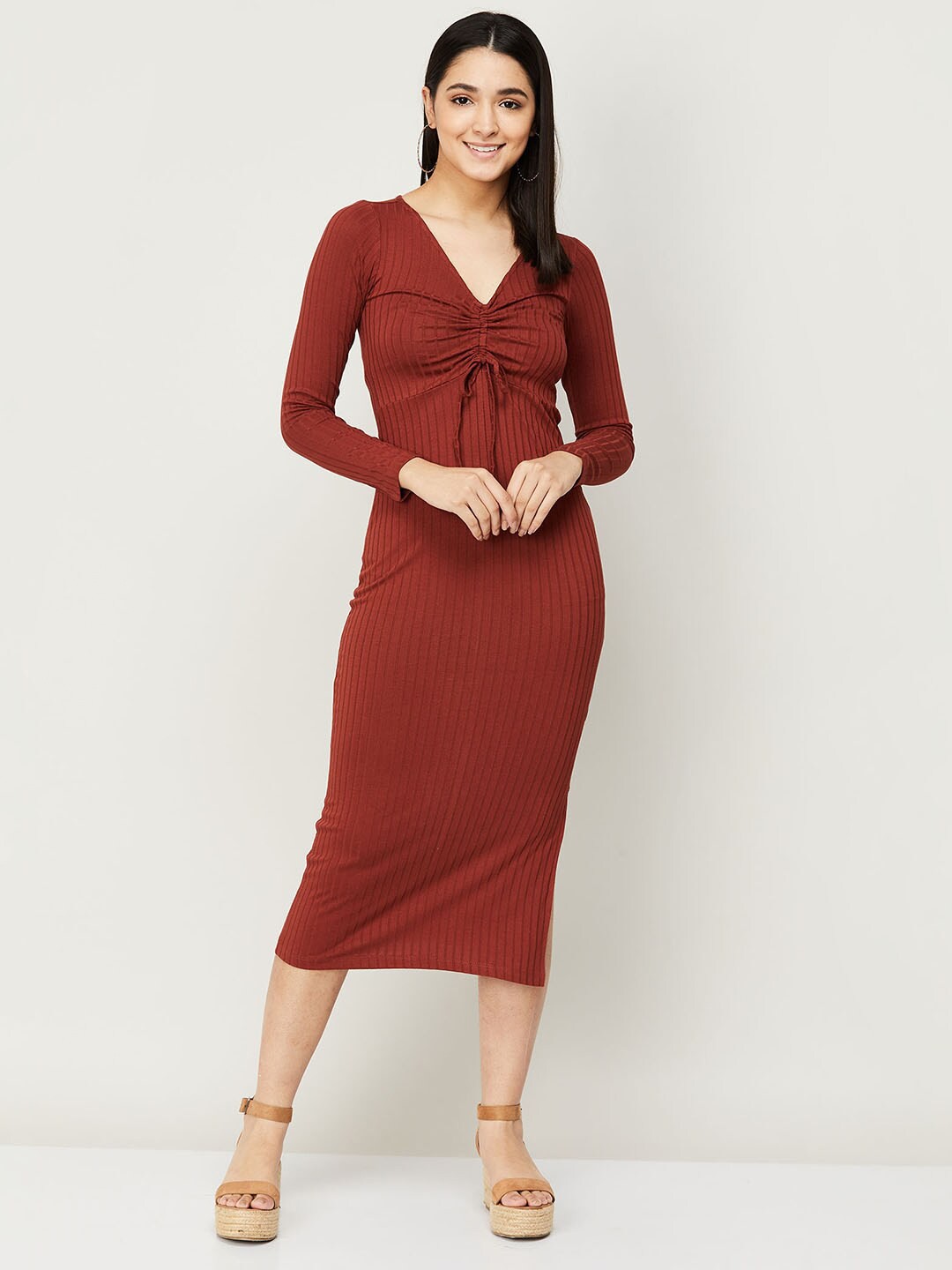 

Ginger by Lifestyle Women Rust Striped Midi Cotton Dress