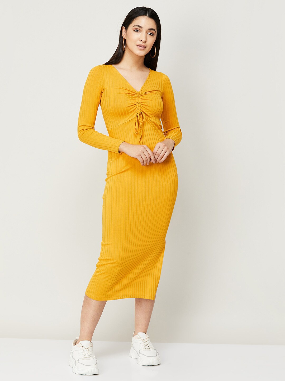 

Ginger by Lifestyle Women Mustard Yellow Striped Midi Cotton Dress