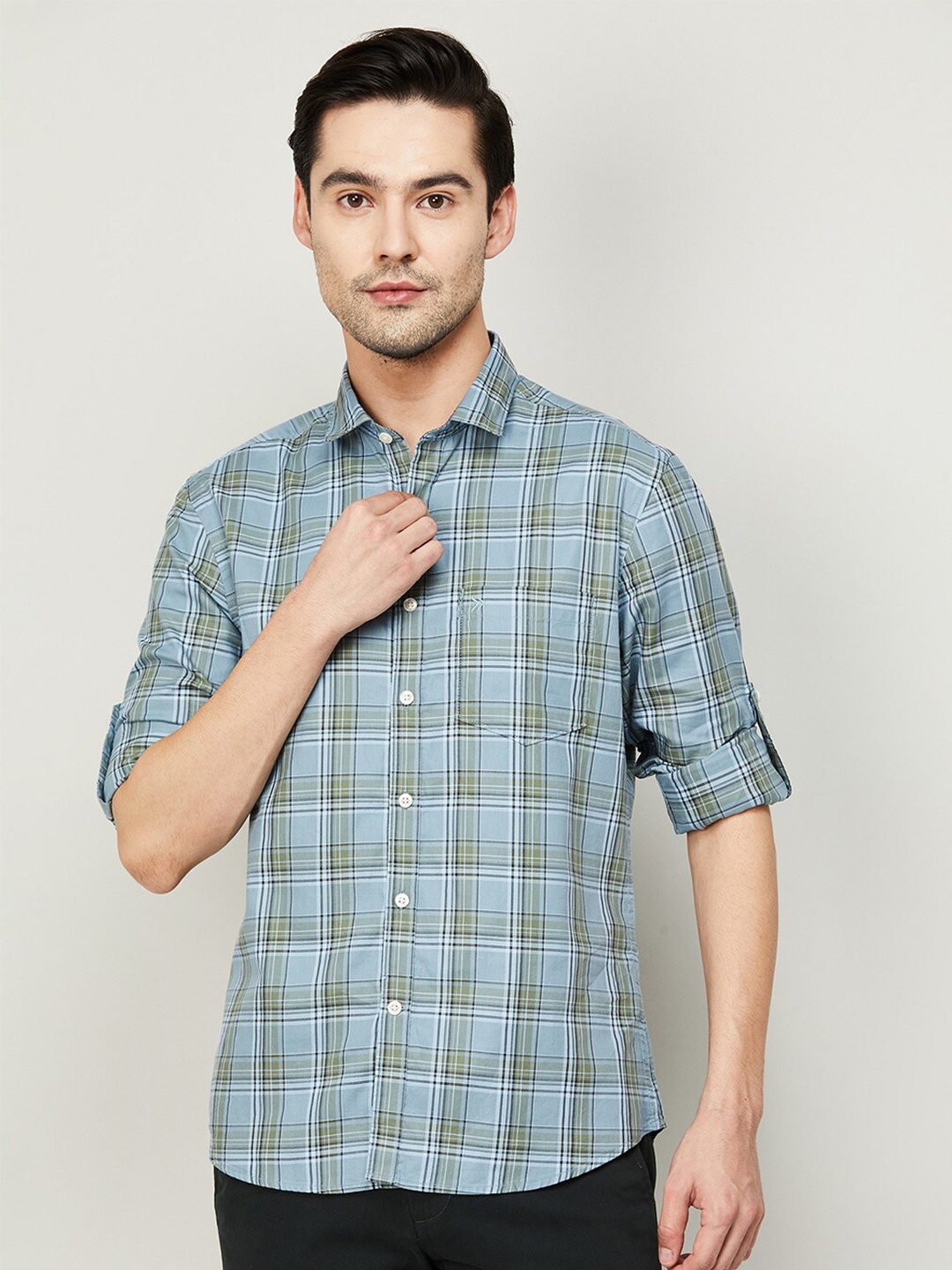 

CODE by Lifestyle Men Slim Fit Tartan Checked Cotton Casual Shirt, Blue