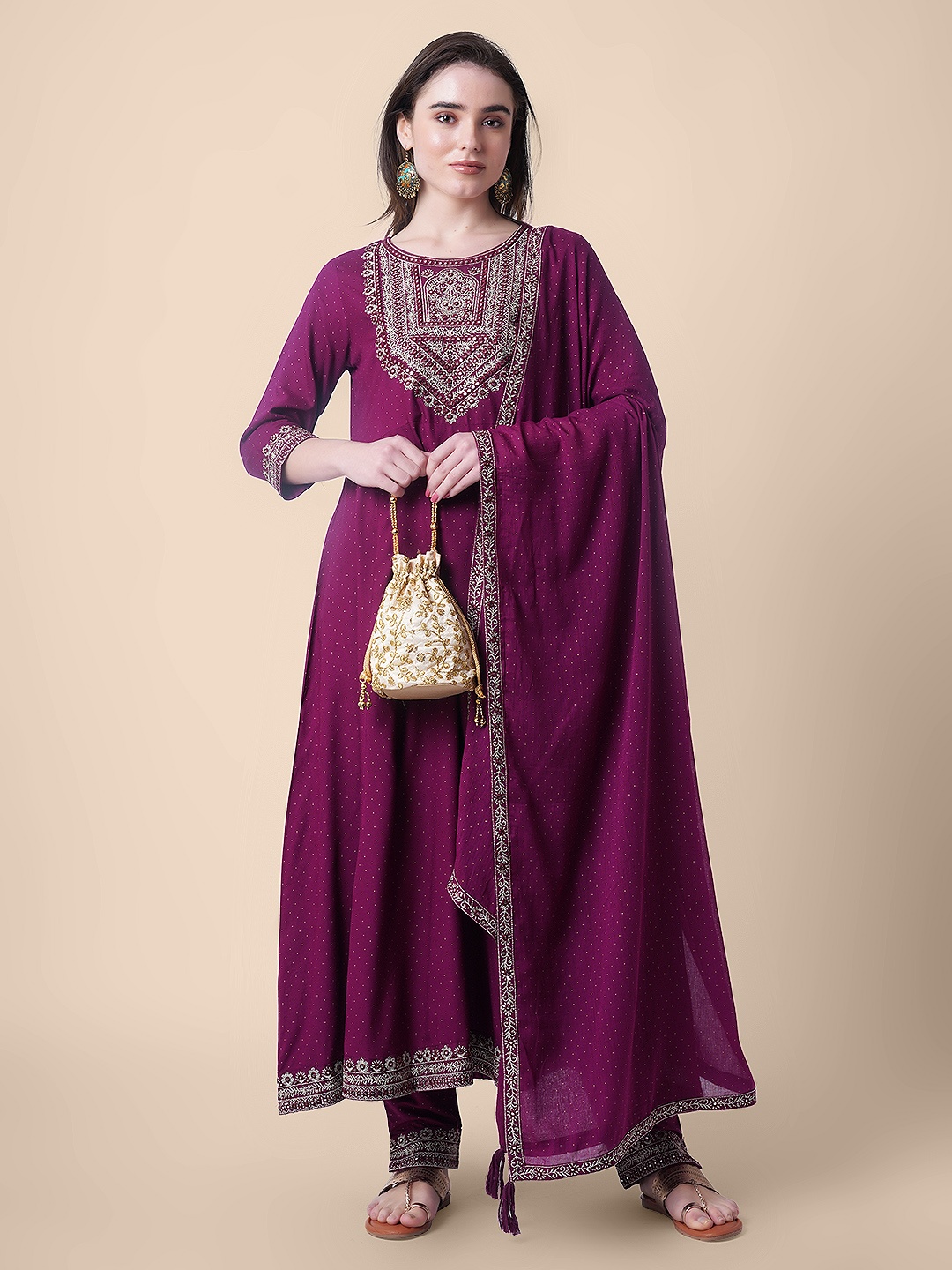 

Mollar Women Burgundy Embroidered Mirror Work Kurta with Trousers & With Dupatta