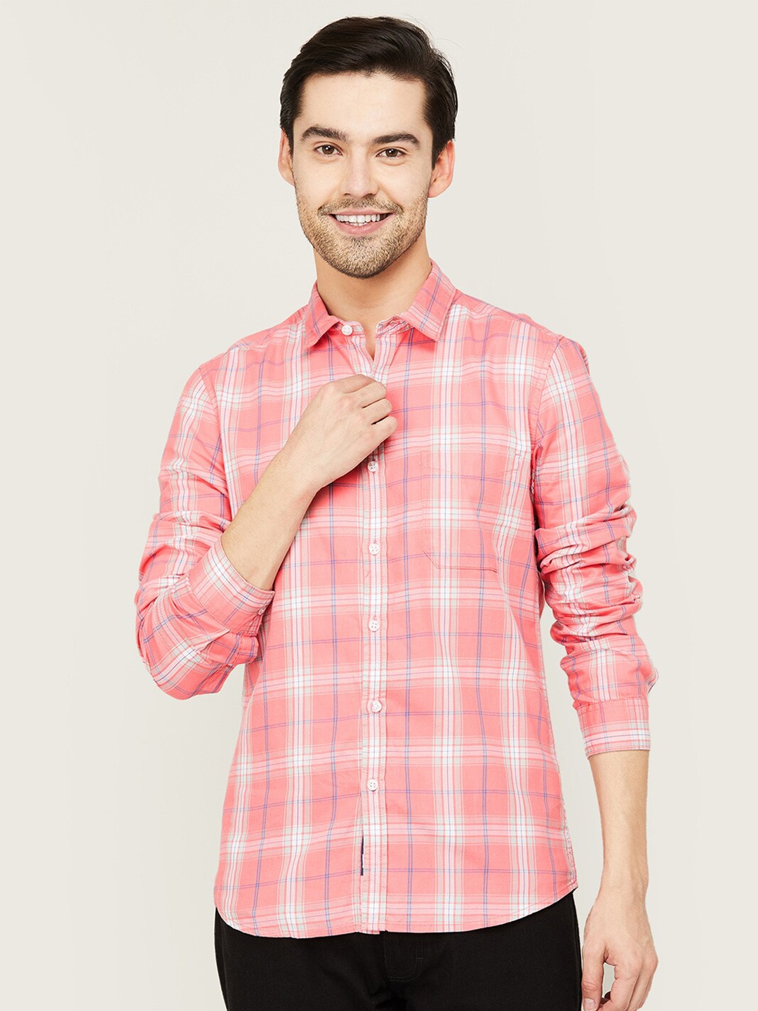

Fame Forever by Lifestyle Men Slim Fit Tartan Checks Casual Cotton Shirt, Pink