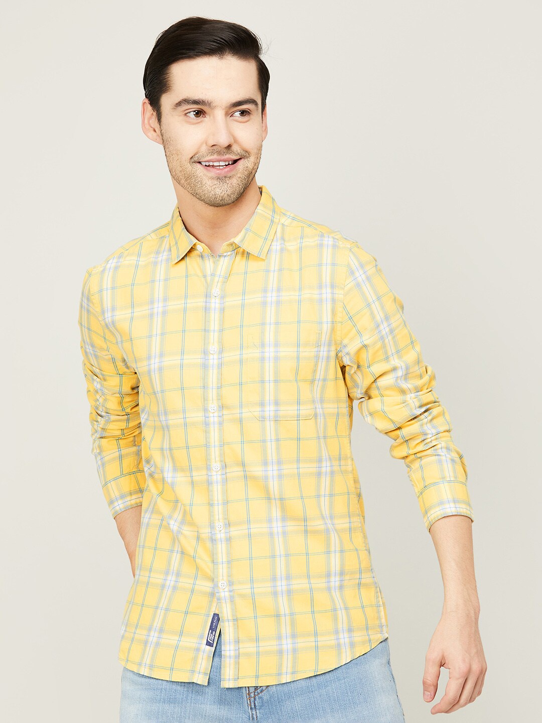 

Fame Forever by Lifestyle Men Slim Fit Tartan Checks Casual Cotton Shirt, Yellow