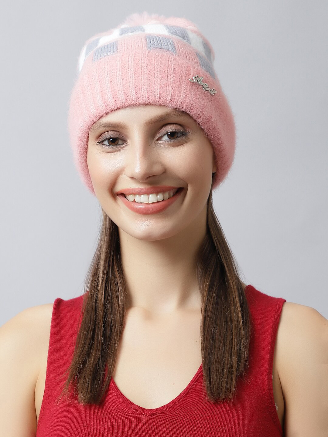 

LOOM LEGACY Women Pink & White Acrylic Beanie