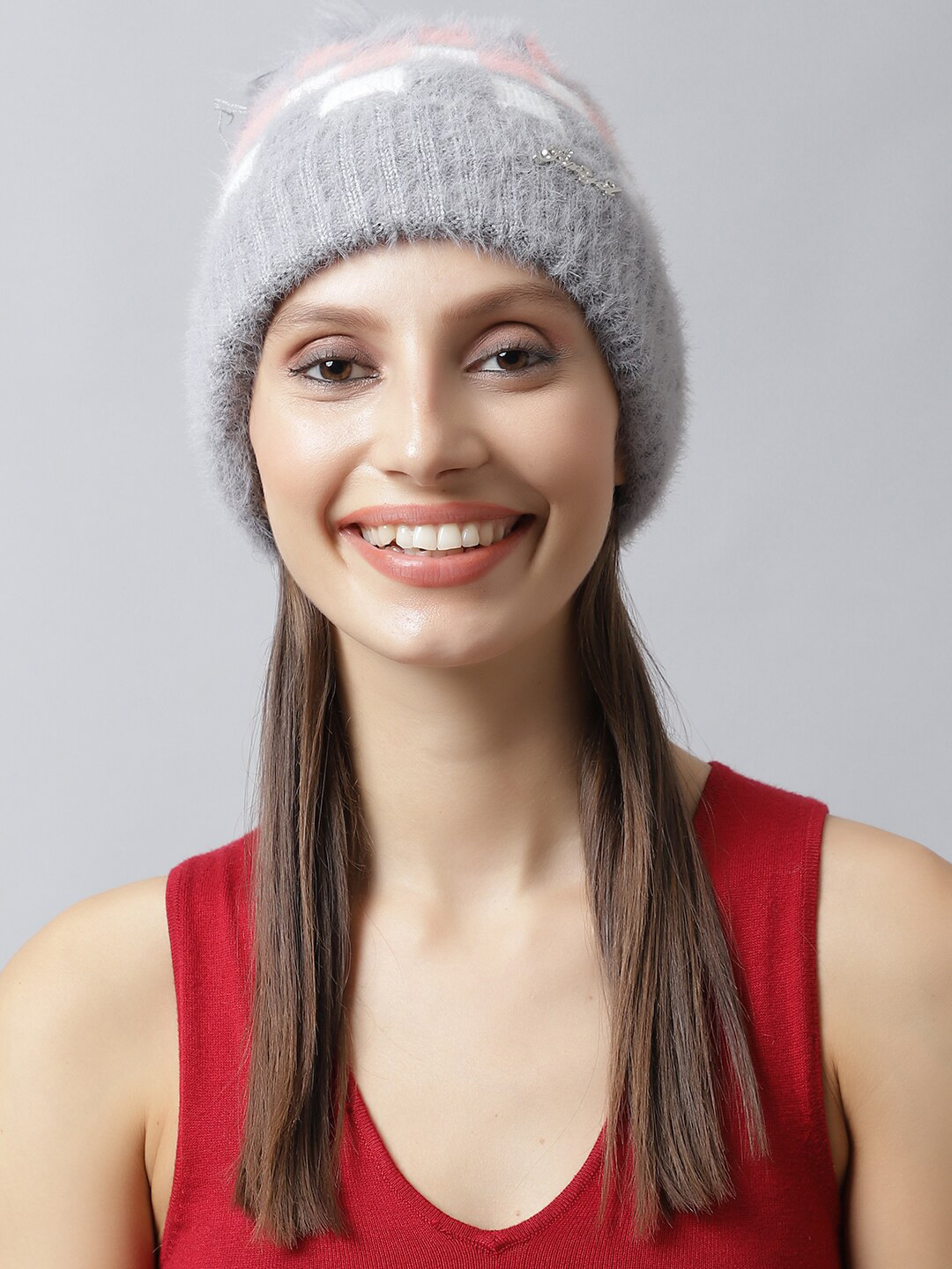

LOOM LEGACY Women Grey & White Checked Acrylic Beanie